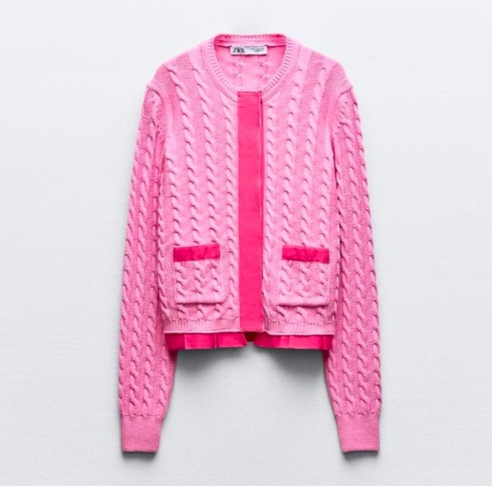 ZARA Small Pink Cableknit Cardigan Sweater with Ribbon Trim